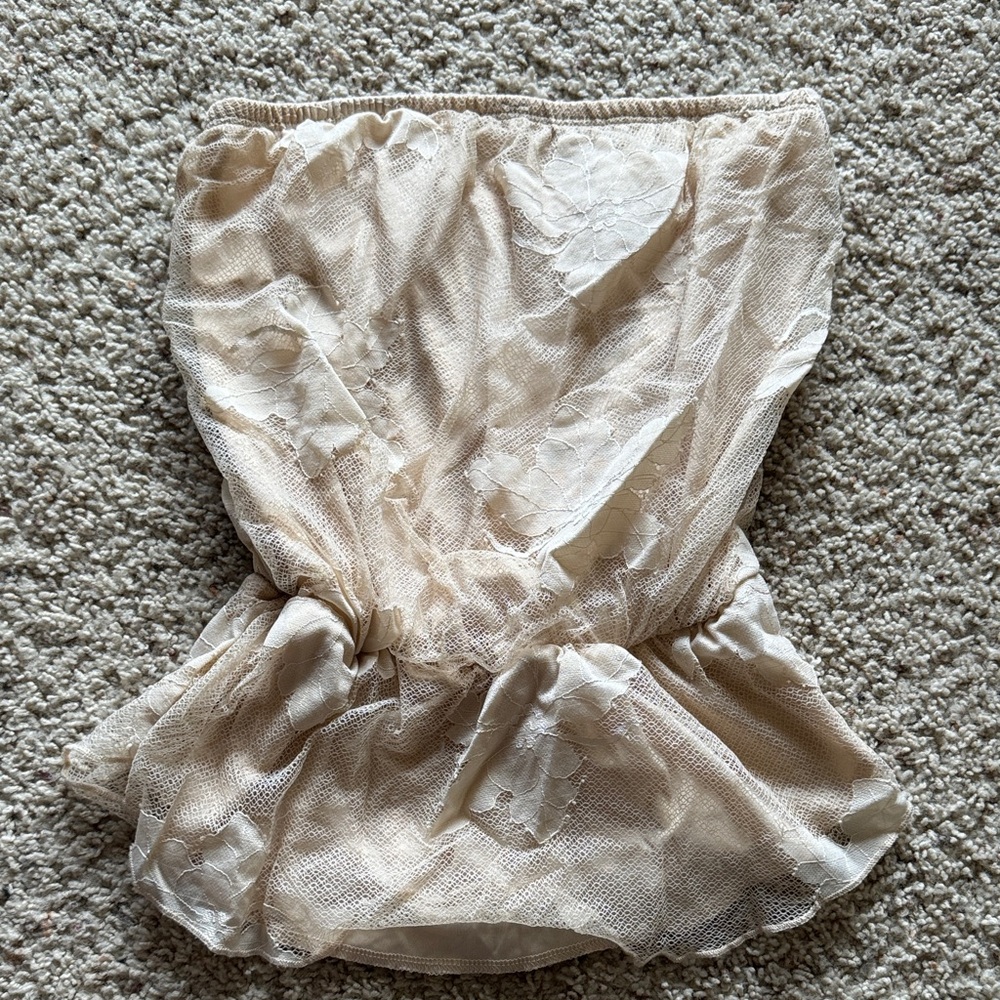 Strapless Lace Peplum Top in Light Beige